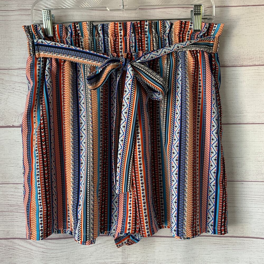 Shein Boho Colorful Striped Paper Bag Shorts Attached Tie Belt Size OXL